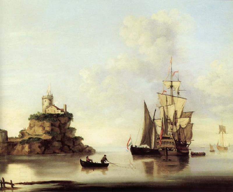 Francis Swaine An English two-deker and a Dutch barge at anchor off a coastal fort